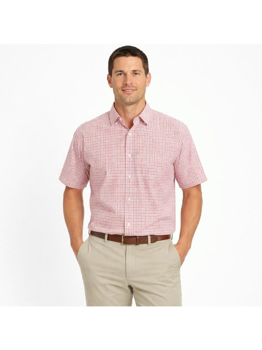 Peter Millar Mens Shirt Silk Cotton Blue Pink Plaid Short Sleeve Size L